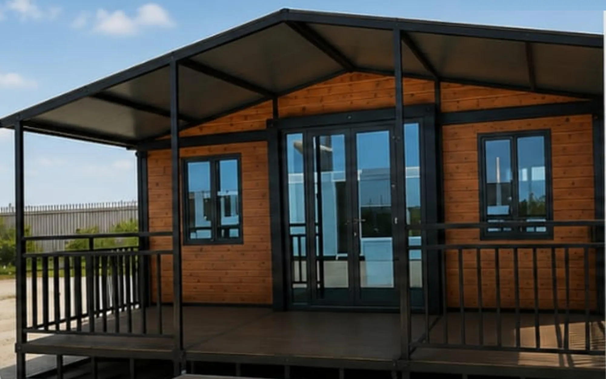 Náš rozložený dům Flexi House s dřevěnou fasádou a krytou terasou, zvenku