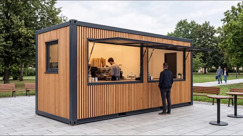 Bistro kontejner s výdejním okénkem, dřevěný obklad a hosté u pultu